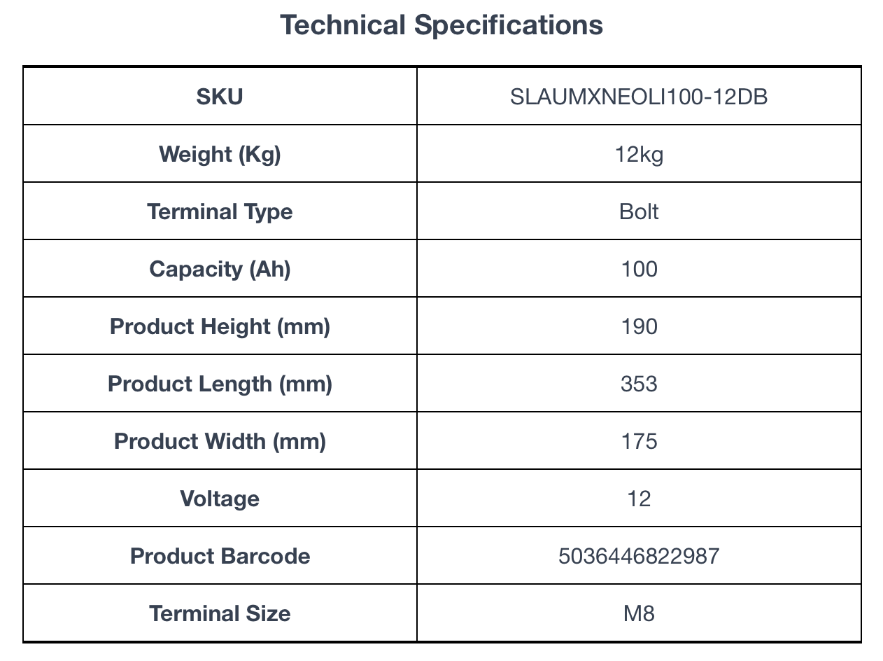 Technical specifications for ULTRAMAX Neo 12V 100Ah Lithium Battery (LiFePO4) European DIN H8/L5 size with Bluetooth