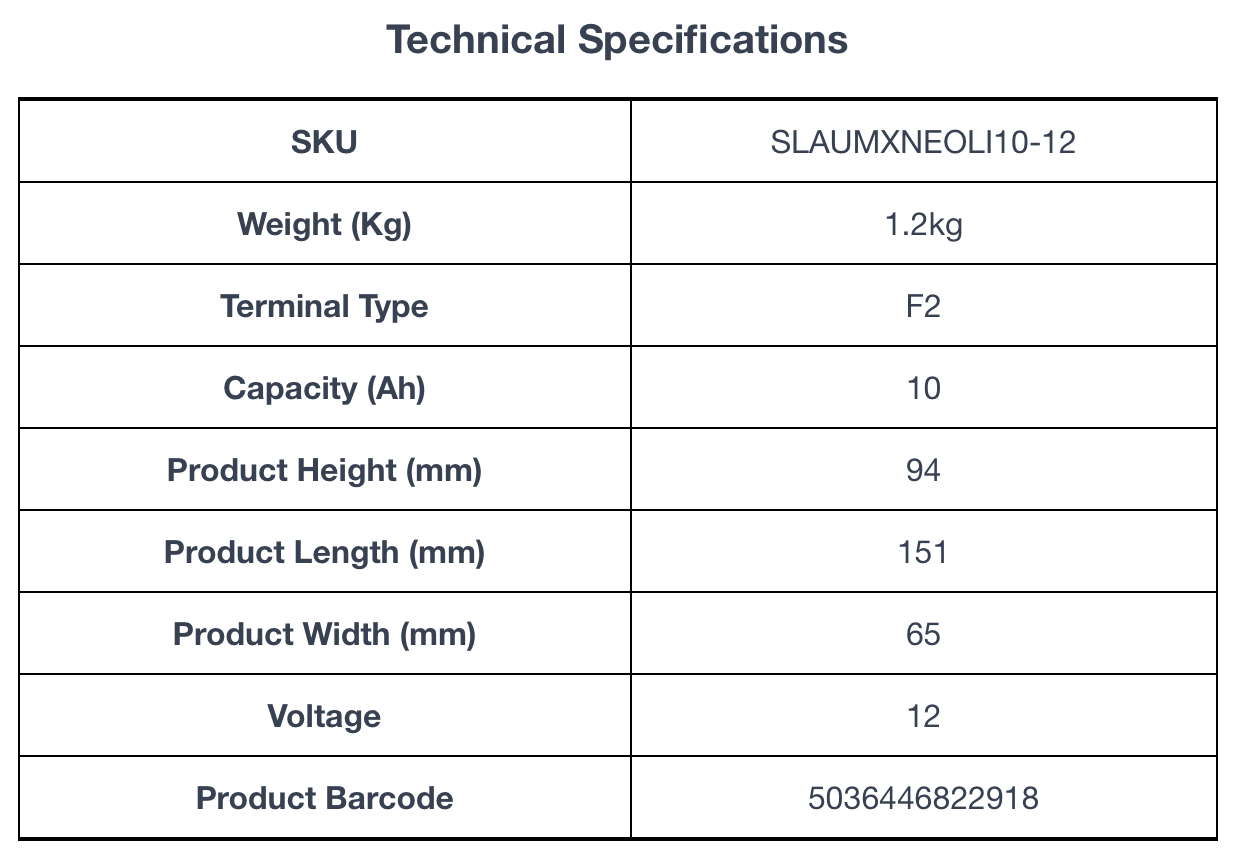 Technical specifications for ULTRAMAX Neo 12V 10Ah Lithium Battery (LiFePO4)