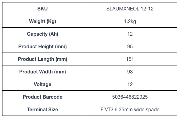 Technical specifications for ULTRAMAX Neo 12V 12Ah Lithium Battery (LiFePO4)