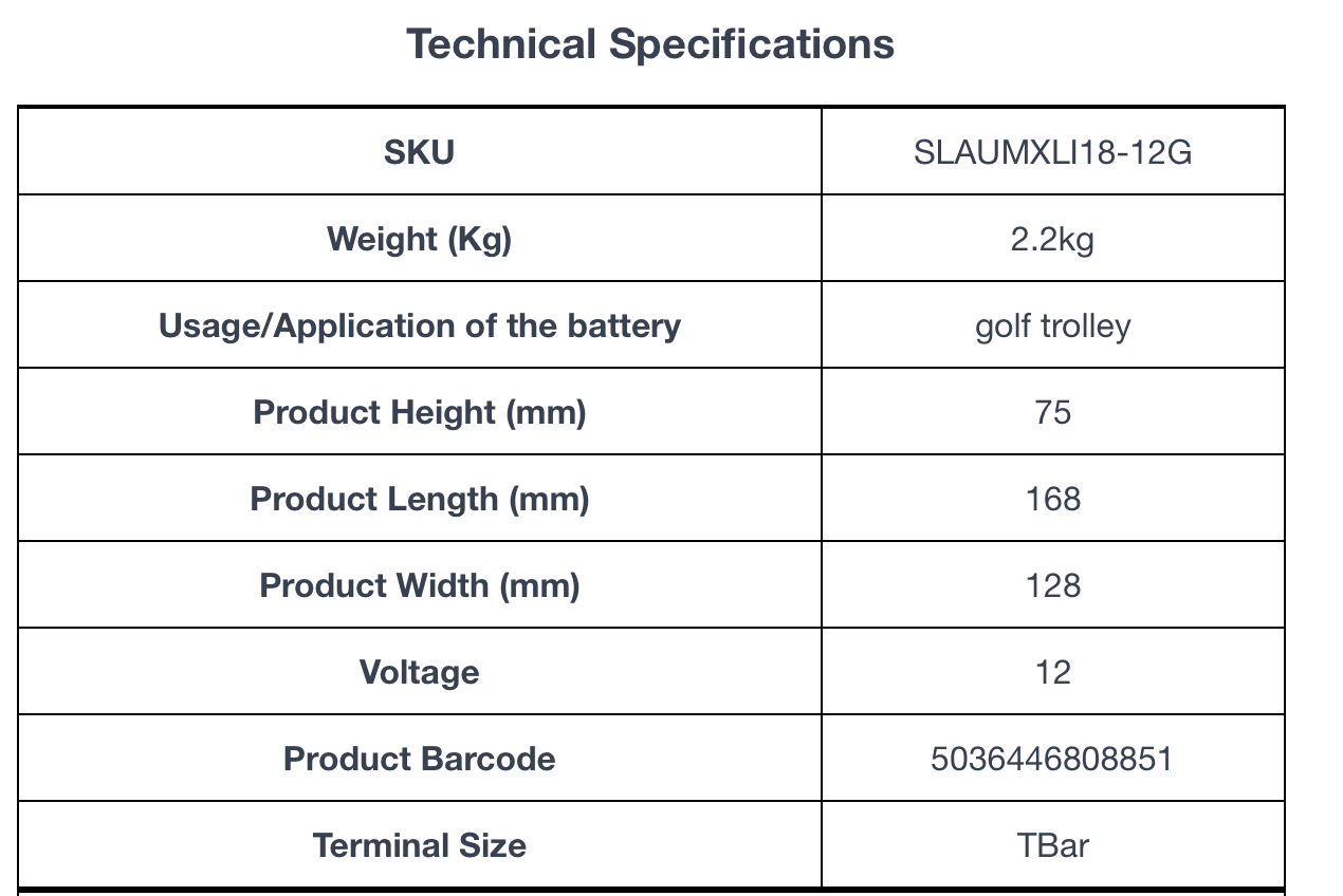 Technical specifications for Ultramax 18-27 Hole Lithium Golf Trolley Battery 12V 18Ah