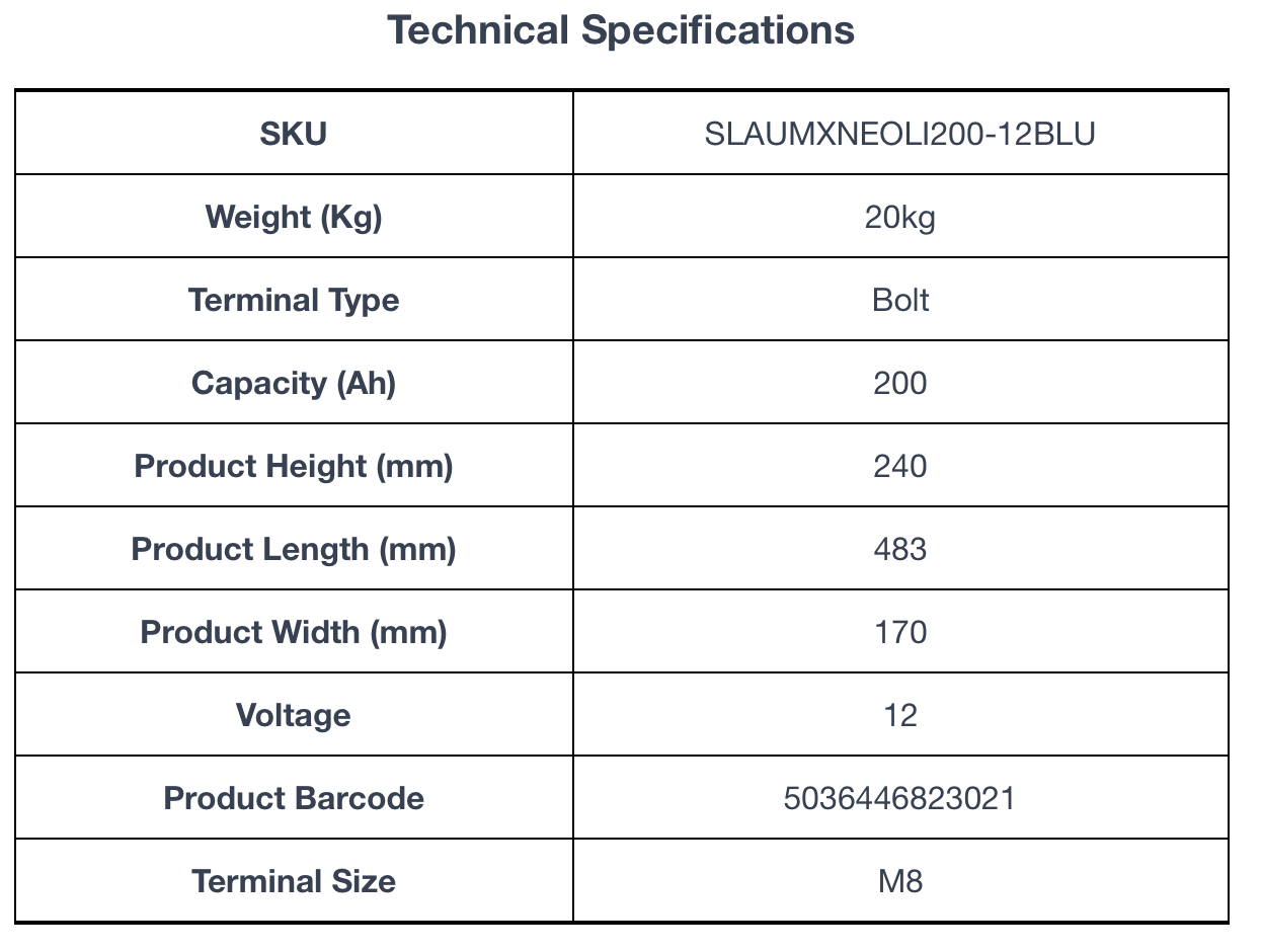 Technical specifications for ULTRAMAX Neo 12V 200Ah Lithium Battery (LiFePO4) with Bluetooth