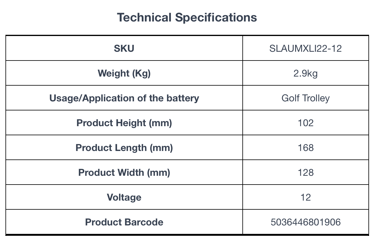 Technical specifications for Ultramax 27-36 Hole Lithium Golf Trolley Battery 12V 22Ah