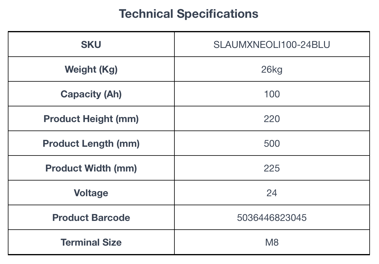 Technical specifications for ULTRAMAX Neo 24V 100Ah Lithium Battery (LiFePO4) with Bluetooth