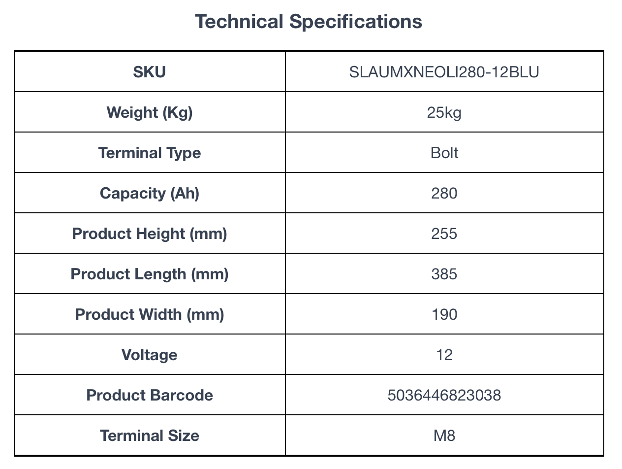 Technical specifications for ULTRAMAX Neo 12V 280ah Lithium Battery (LiFePO4) with Bluetooth