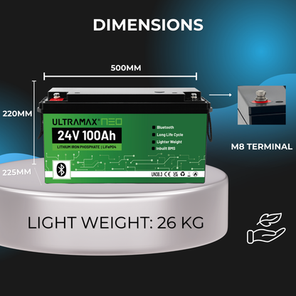 ULTRAMAX Neo 24V 100Ah Lithium Battery (LiFePO4) with Bluetooth