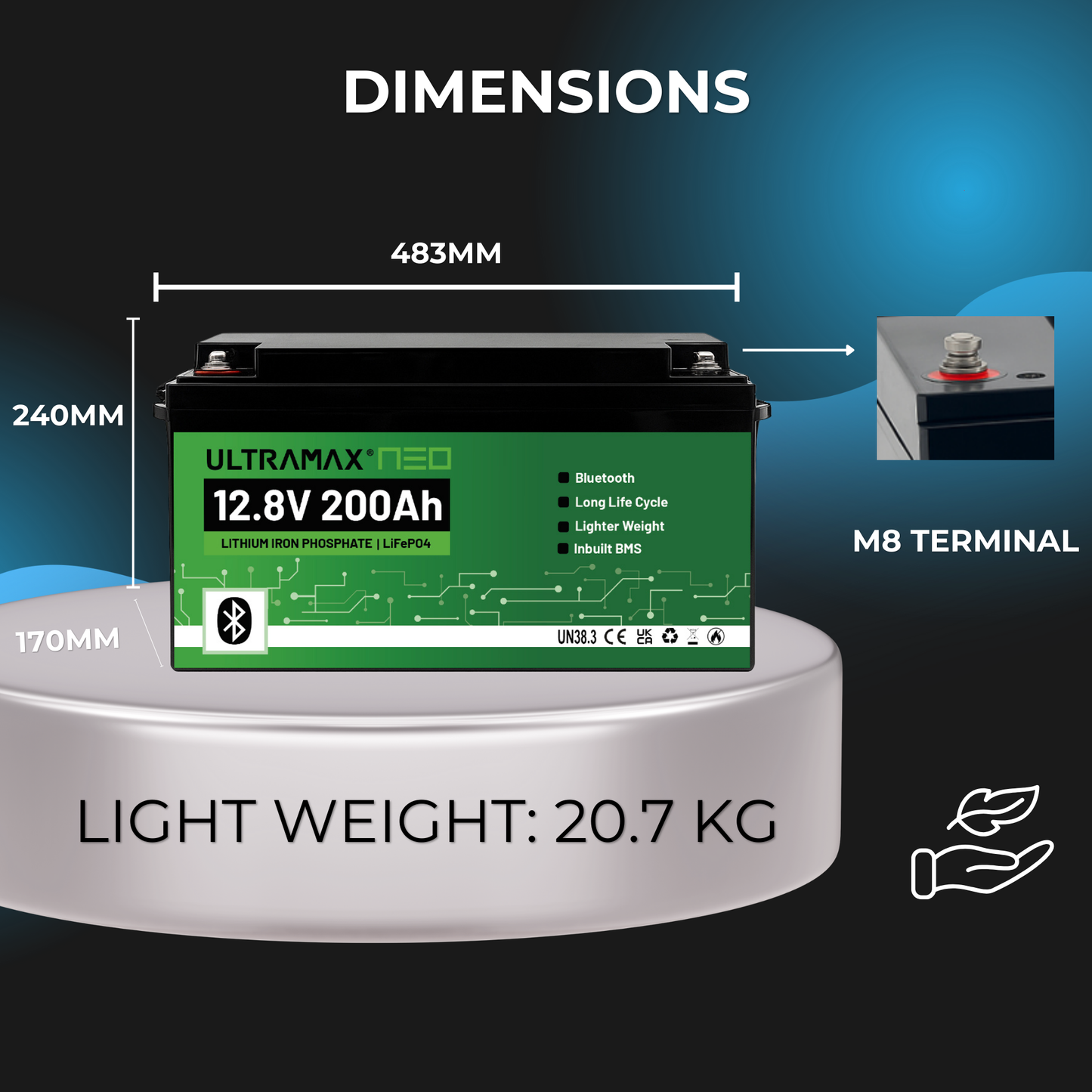 ULTRAMAX Neo 12V 200Ah Lithium Battery (LiFePO4) with Bluetooth