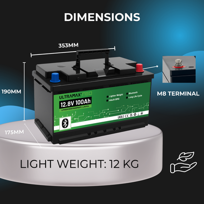 ULTRAMAX Neo 12V 100Ah Lithium Battery (LiFePO4) European DIN H8/L5 size with Bluetooth