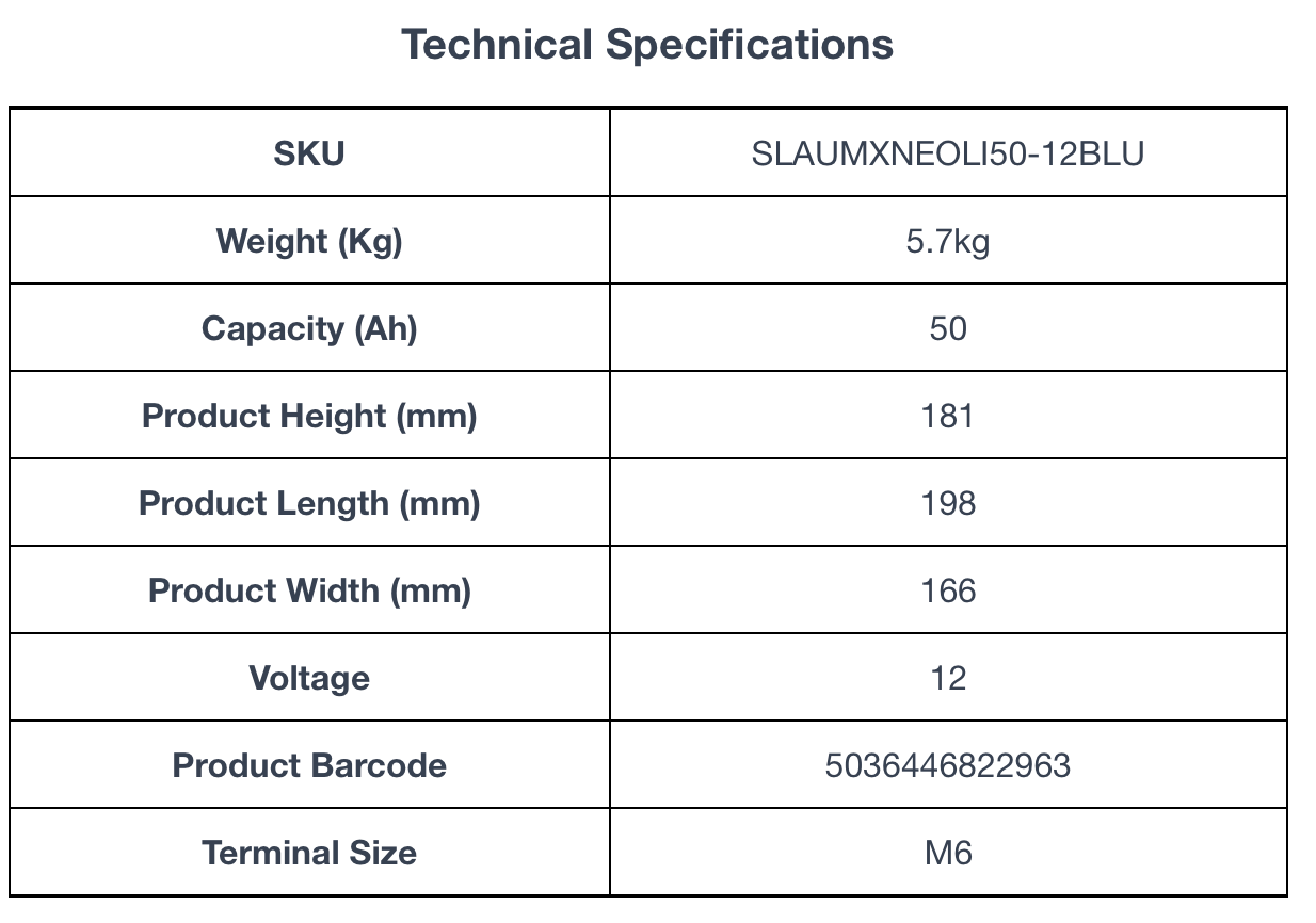 Technical specifications for ULTRAMAX Neo 12V 50Ah Lithium Battery (LiFePO4) with Bluetooth