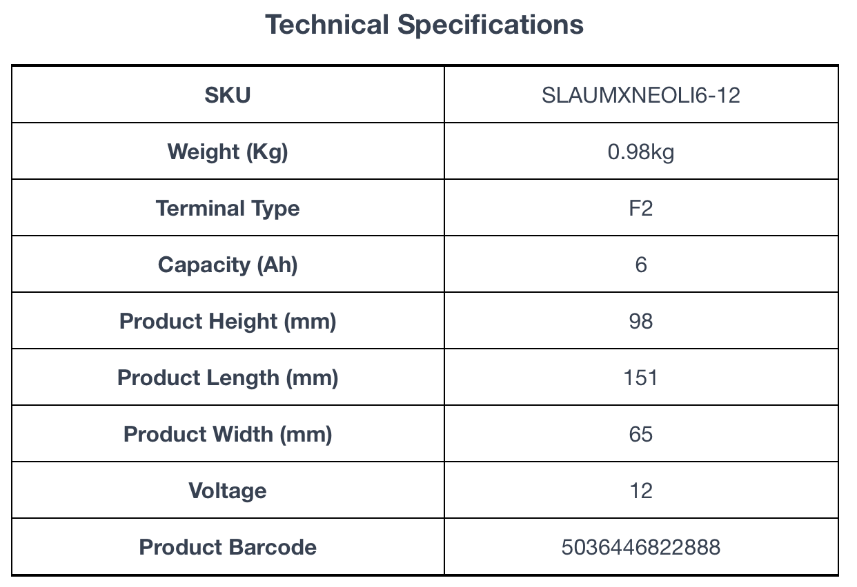 Technical specifications for ULTRAMAX Neo 12V 6Ah Lithium Battery (LiFePO4)