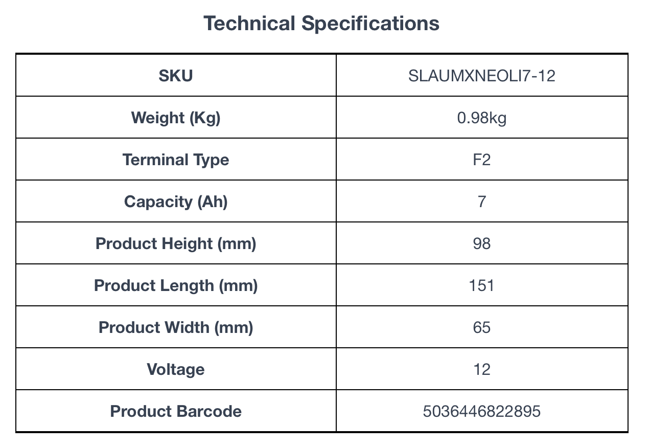 Technical specifications for ULTRAMAX Neo 12V 7Ah Lithium Battery (LiFePO4)