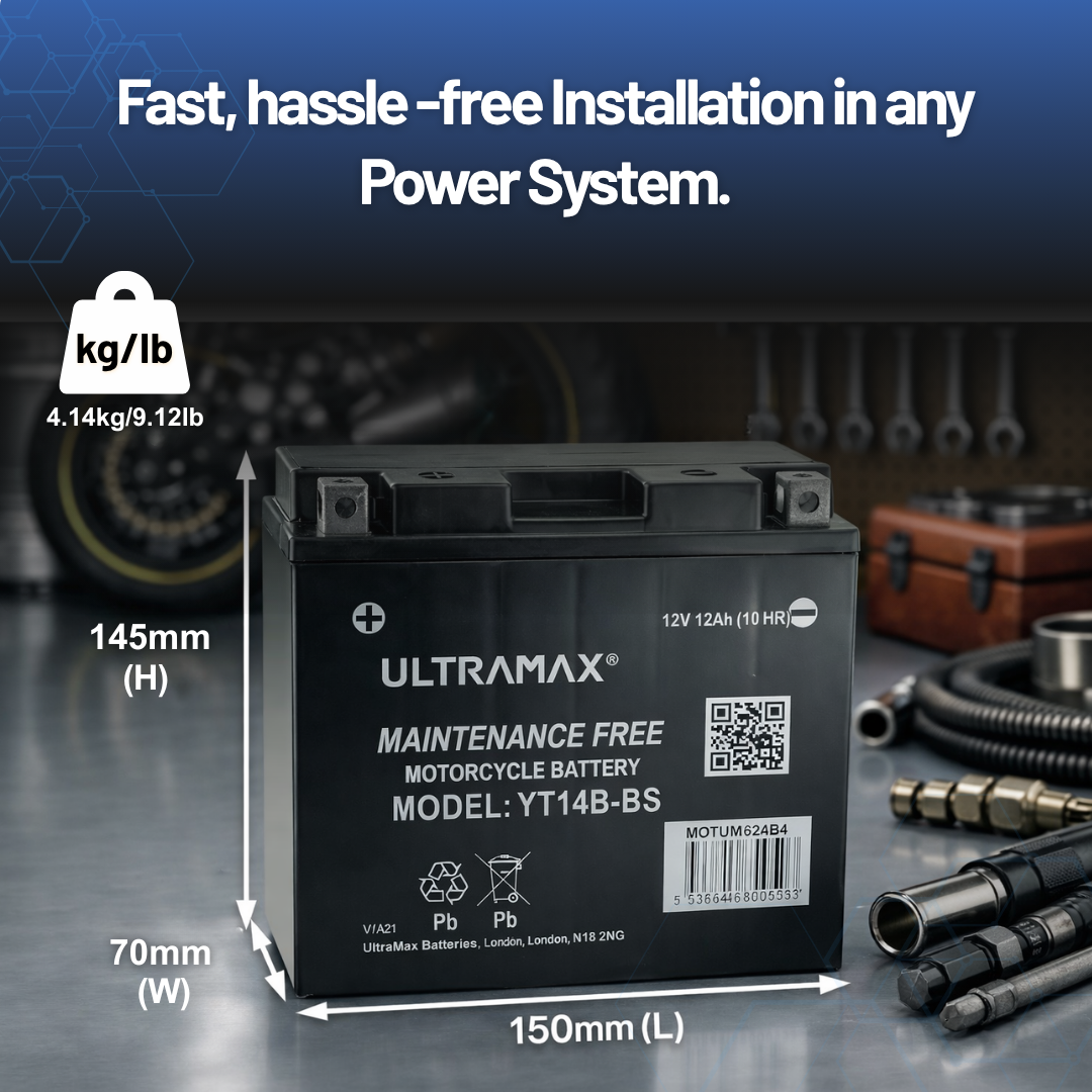 UltraMax 12V 12Ah YT14B-BS Sealed AGM Motorcycle Battery