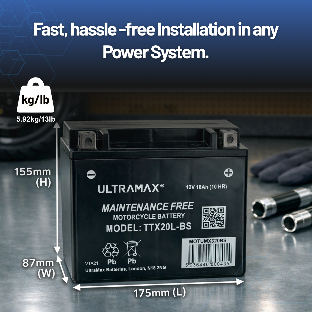 UltraMax 12V 18Ah YTX20L-BS Motorradbatterie Ersatz (TTX20L-BS)
