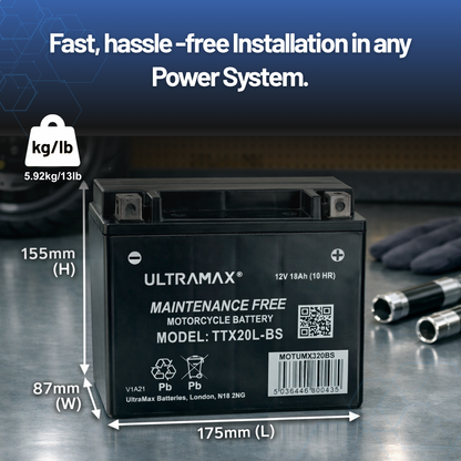 UltraMax 12V 18Ah YTX20L-BS Motorradbatterie Ersatz (TTX20L-BS)