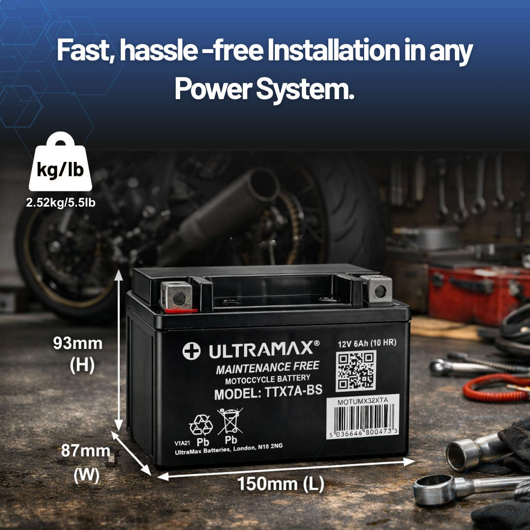 UltraMax 12V 6Ah YTX7A-BS Motorradbatterie Ersatz (TTX7A-BS)