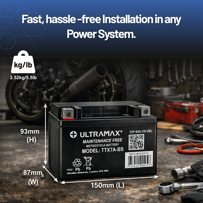 UltraMax 12V 6Ah YTX7A-BS Motorradbatterie Ersatz (TTX7A-BS)