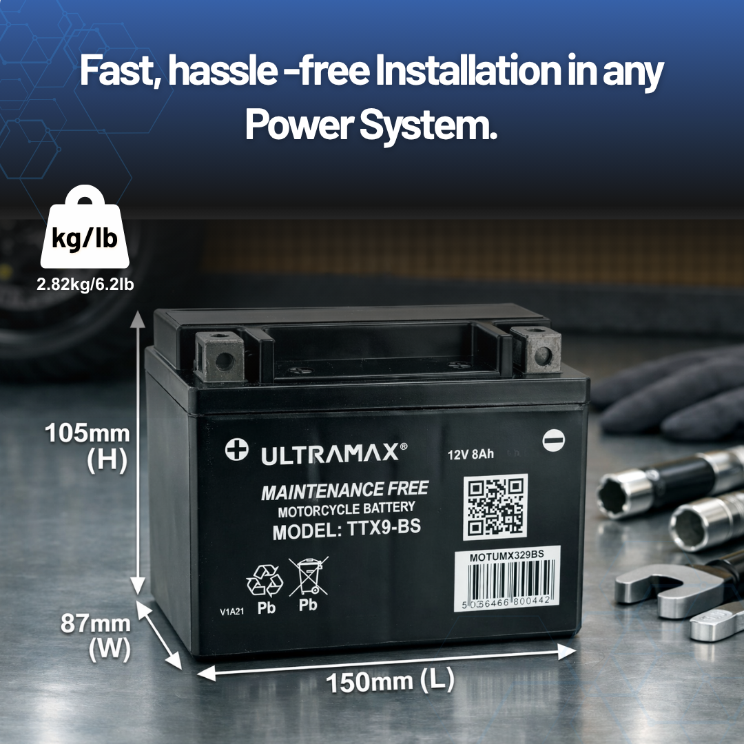 UltraMax 12V 8Ah YTX9-BS Motorcycle Battery Replacement (TTX9-BS)