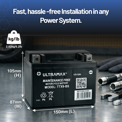 UltraMax 12V 8Ah YTX9-BS Motorcycle Battery Replacement (TTX9-BS)