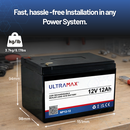 UltraMax 12V 12Ah, NP12-12 Sealed Lead Acid Battery