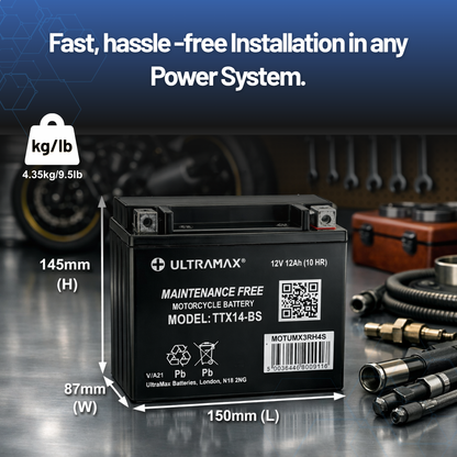 UltraMax 12V 12Ah YTX14-BS Motorradbatterie Ersatz (TTX14-BS)