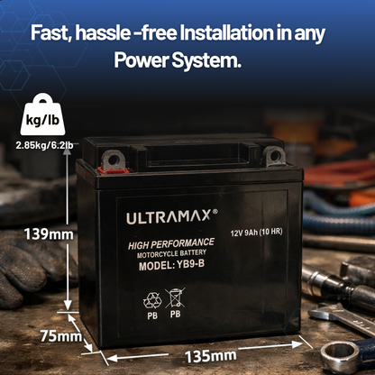 UltraMax 12V 9Ah YB9-B versiegelte AGM-Motorradbatterie